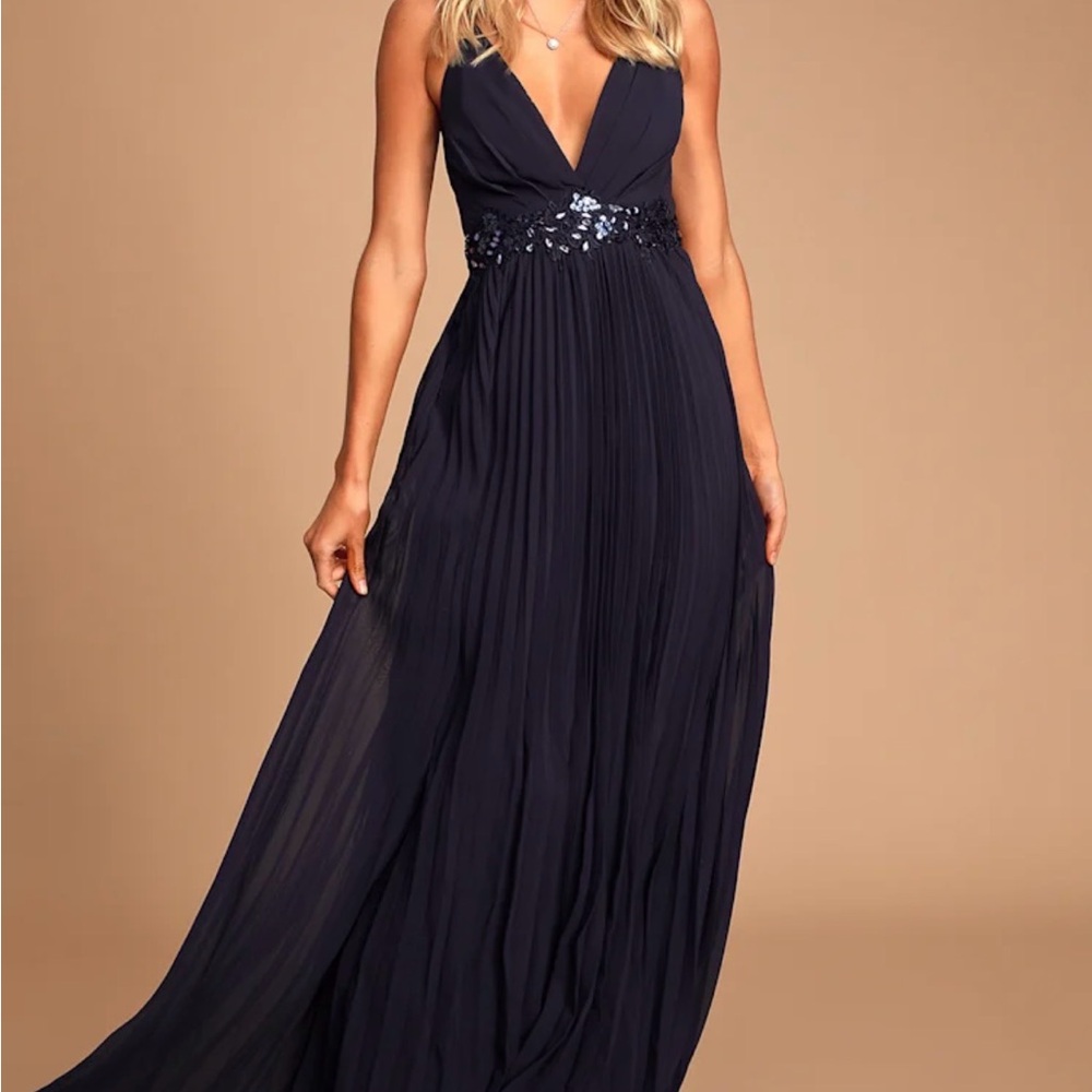 Lulu's Navy Blue Sequin Lace Pleated Maxi Dress